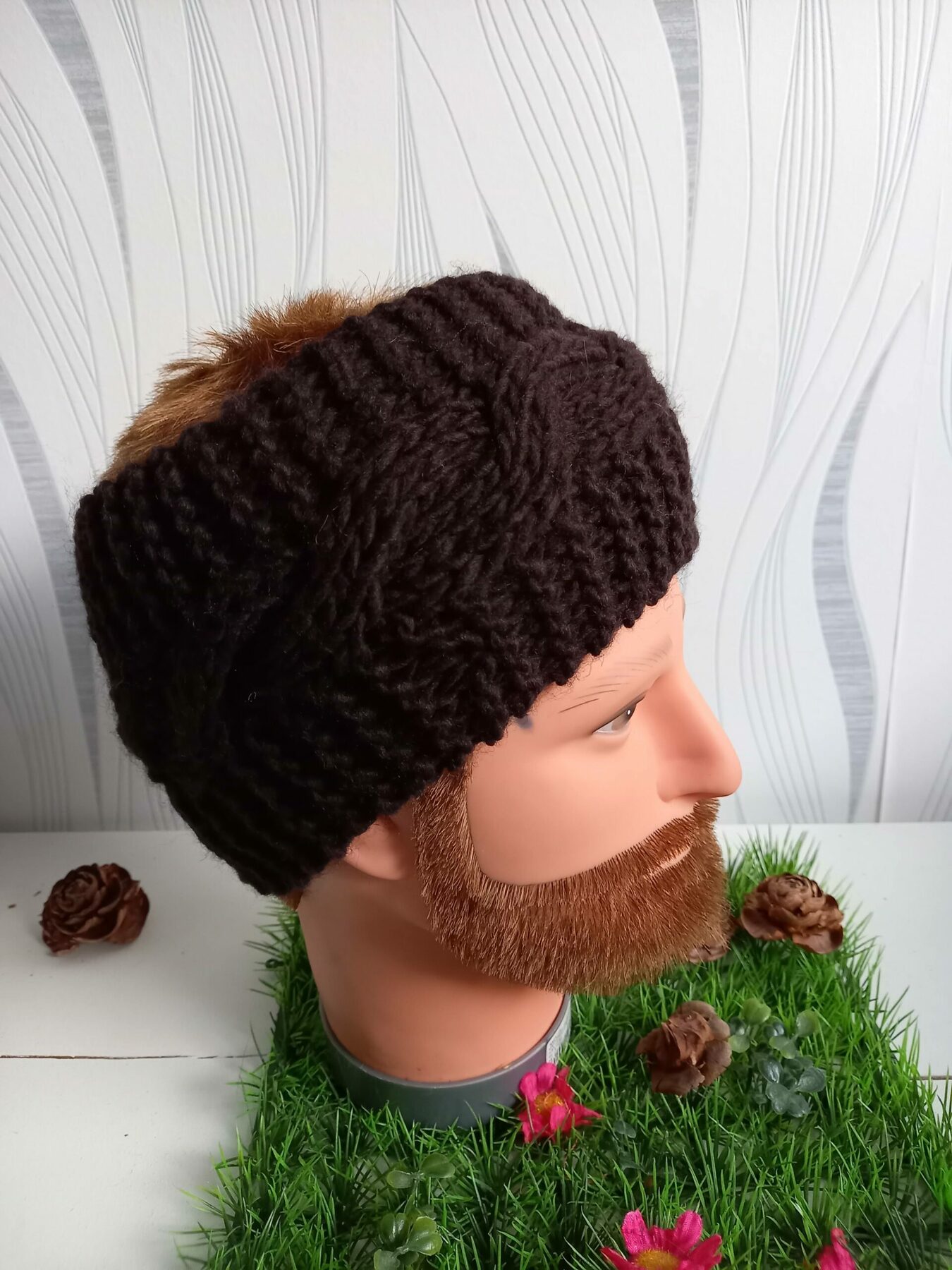 bandeau homme marron avec torsade en laine tricoté main – Image 2