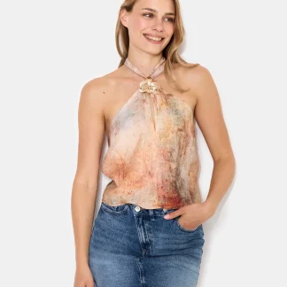 Top dos-nu effet marbré avec détail bijou fleur