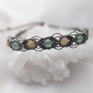 Bracelet Macramé Gris Unique Aventurine Et Calcite Jaune.Lithothérapie